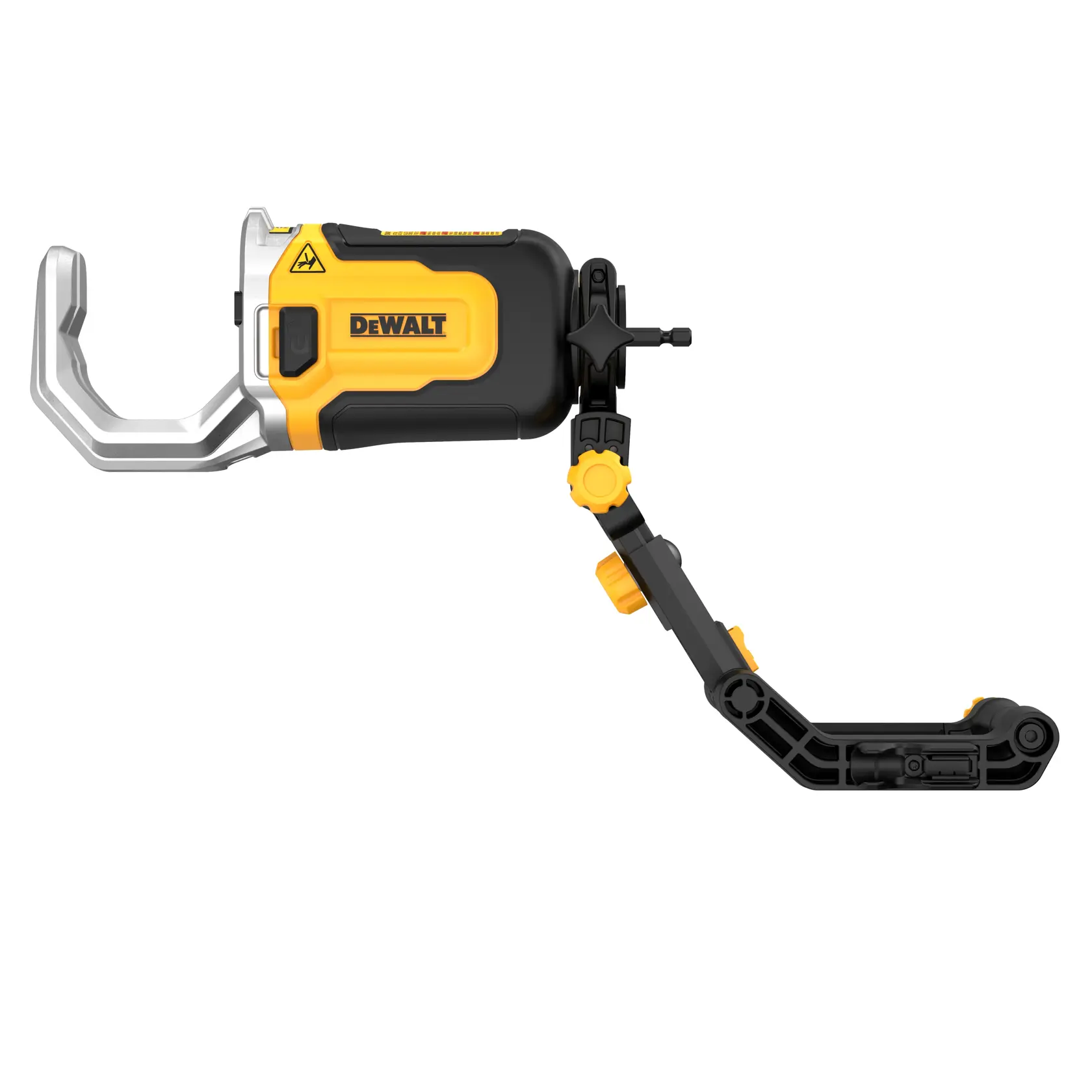 Herramienta cortadora de tubos ajustable DEWALT DT20560 con cuerpo negro y amarillo y brazo extensible, diseñada para cortar tubos con precisión.