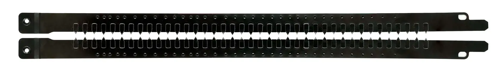 Two black metal strips with teeth, likely a replacement blade for a DEWALT tool.
