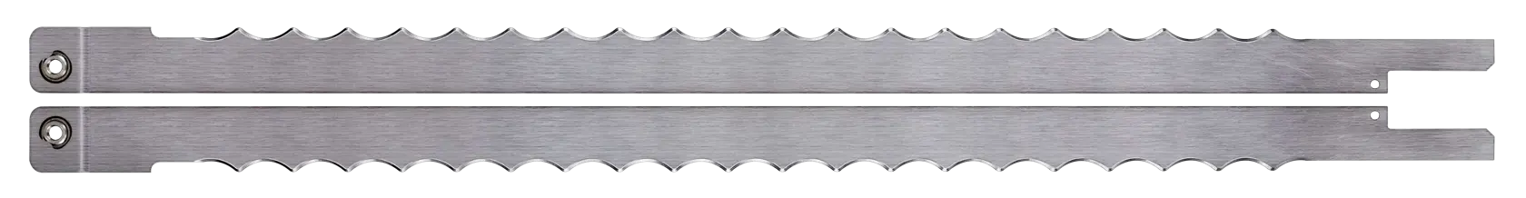 Two straight DEWALT DT2979 saw blades with serrated edges, shown side by side on white background.