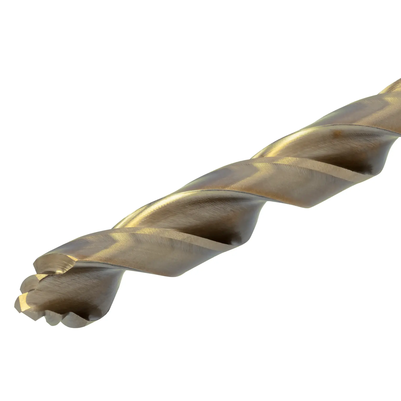 Imagen en primer plano de una broca de metal dorada con estrías en espiral, aislada sobre fondo blanco.