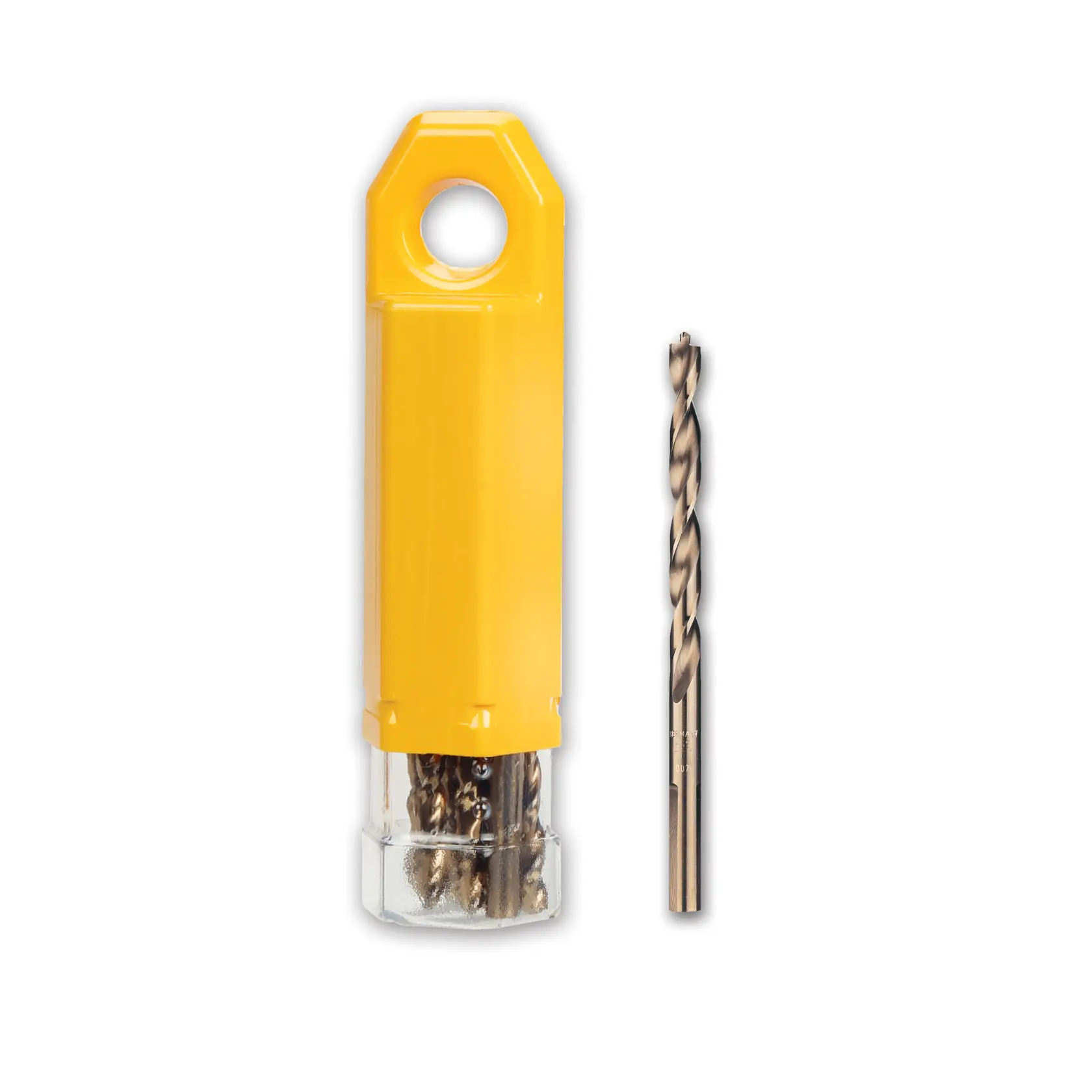 Set di punte DEWALT con custodia gialla e una punta in metallo per utensili elettrici.