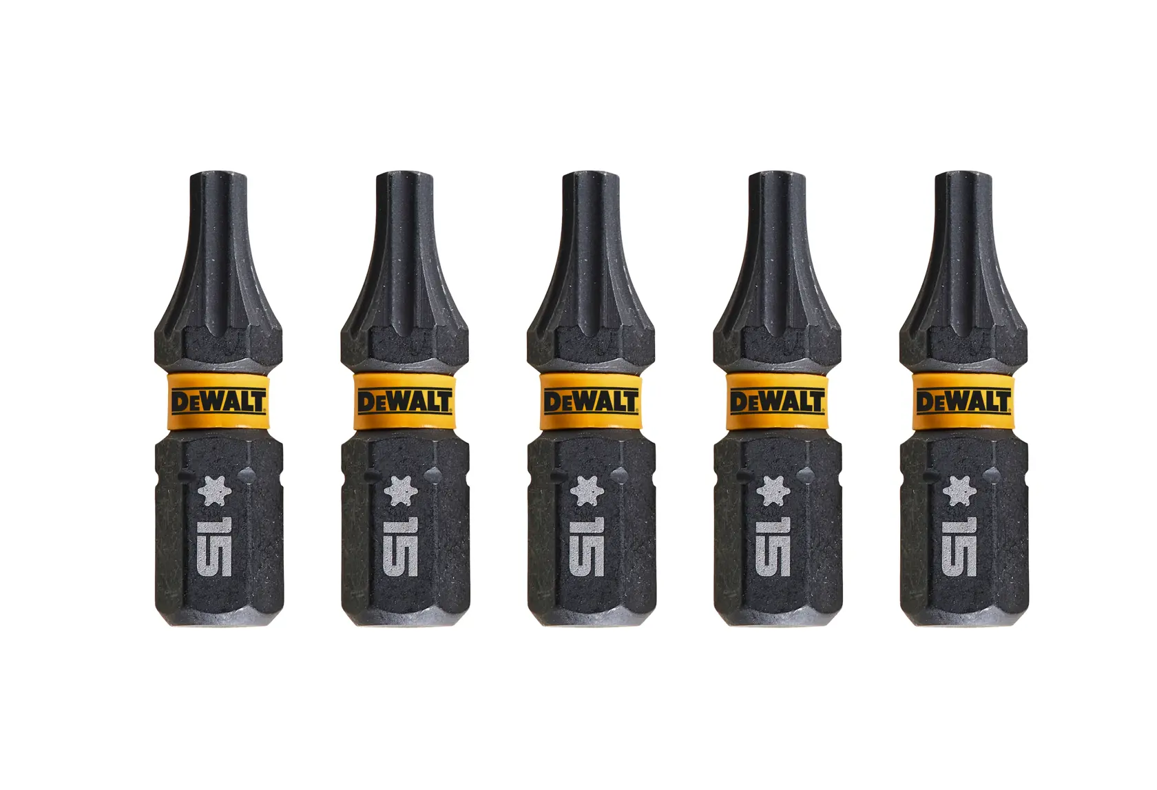 Five DEWALT Torx T15 screwdriver bits, black and yellow, arranged in a row on a white background.