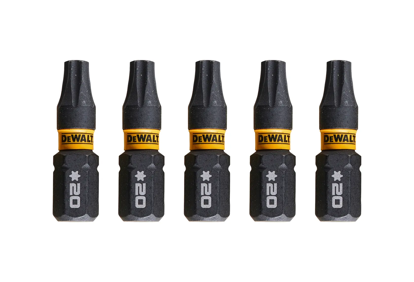 Cinque inserti DEWALT T20 con marchio giallo, disposti in fila su sfondo bianco.