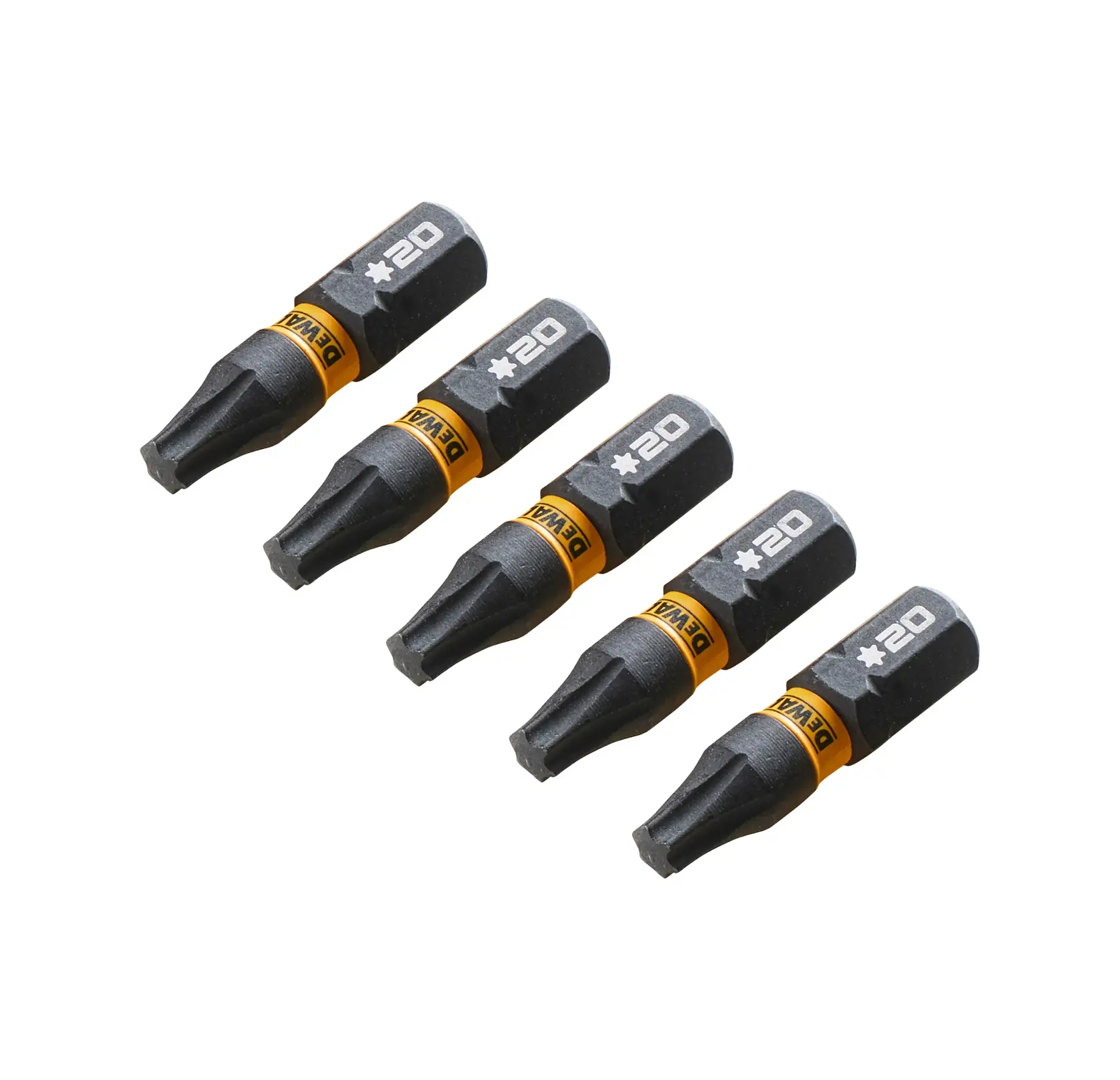 Cinque inserti torx DEWALT T20 disposti in fila su sfondo bianco.