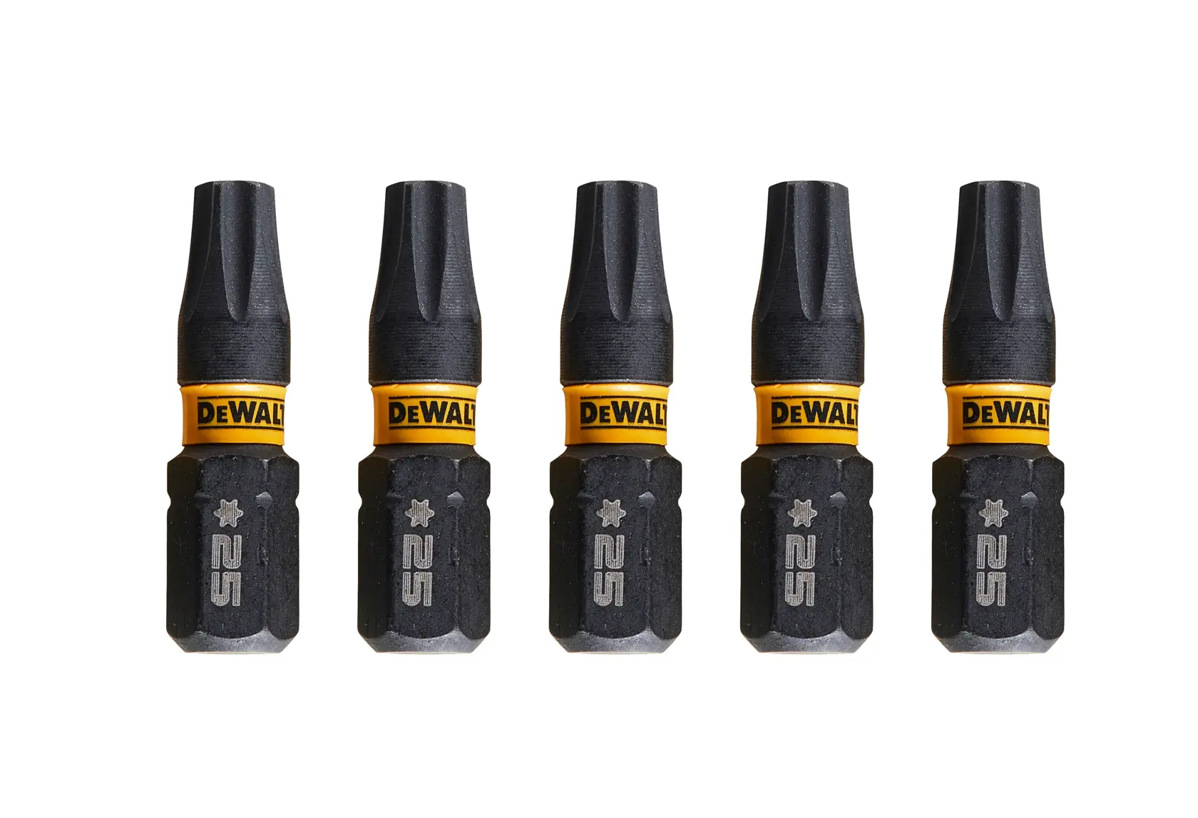 Set di cinque inserti Torx DEWALT misura T25 su sfondo bianco.