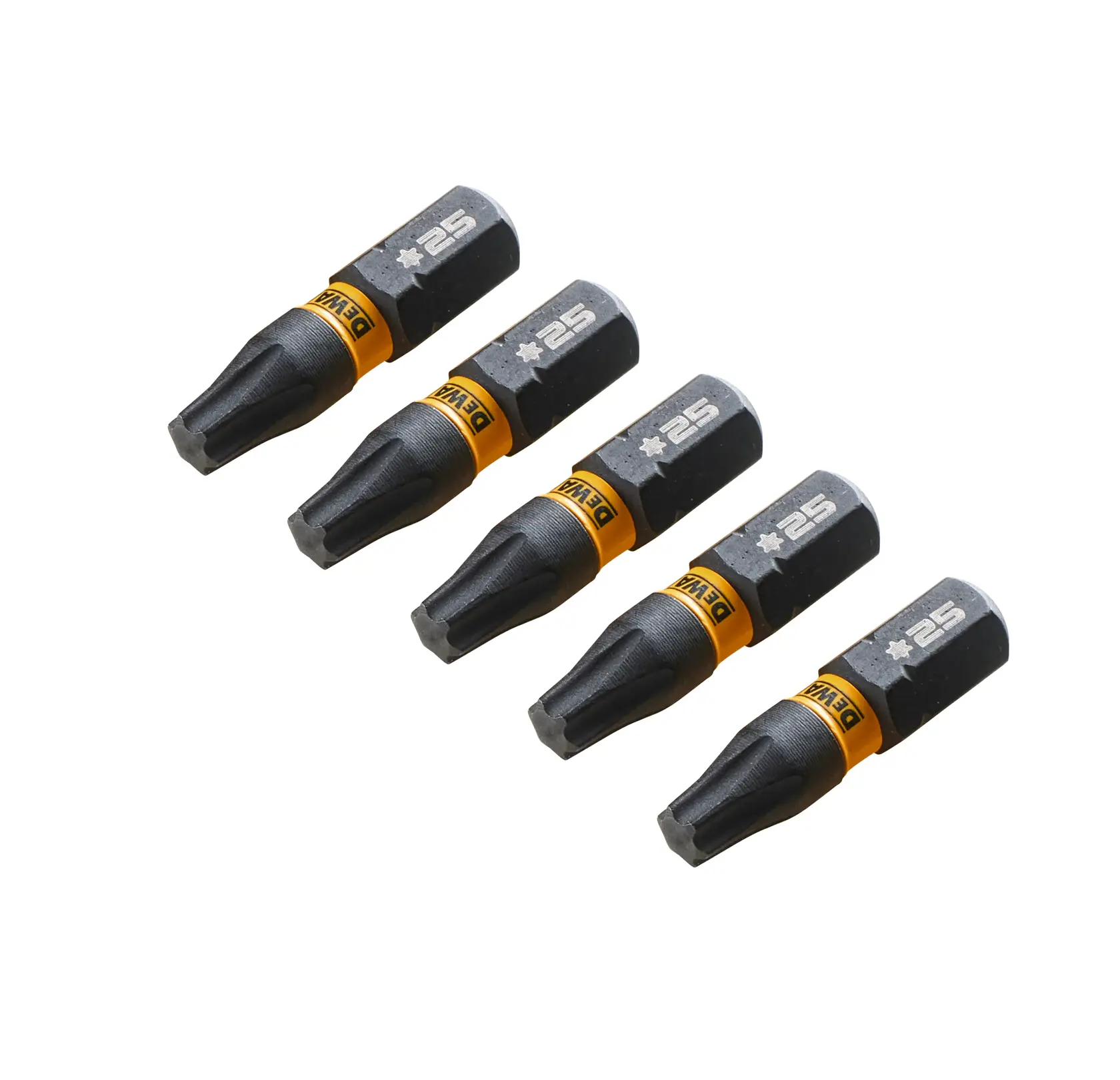Cinque inserti Torx DEWALT T25 disposti in fila su sfondo bianco.