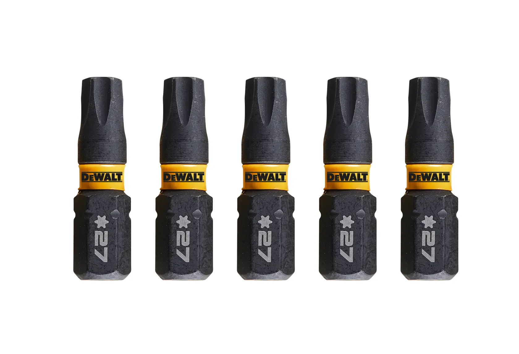 Set of five DEWALT DT7383T screwdriver bits with yellow label and star symbol, size 27, on white background.