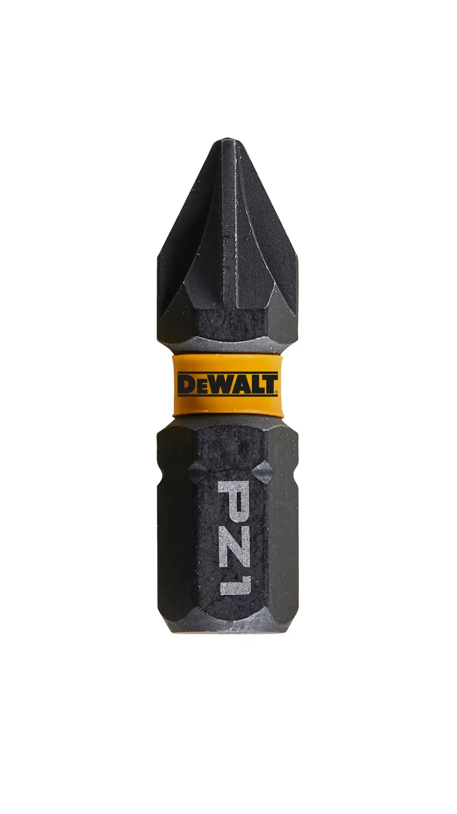 DEWALT PZ1 screwdriver bit, black with yellow DEWALT ring, shown against a white background.