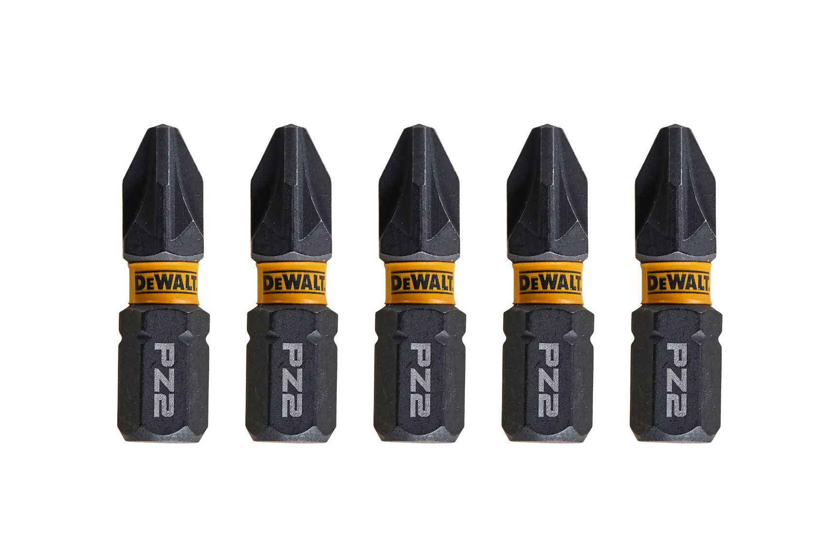 Cinque inserti DEWALT PZ2 sono disposti in fila su sfondo bianco.