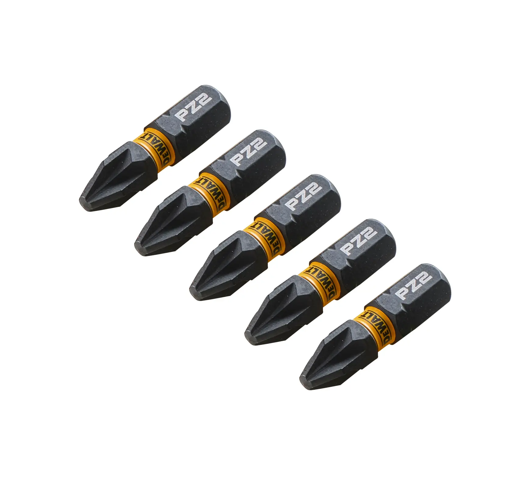 Cinque inserti per cacciavite DEWALT PZ2 neri e gialli allineati su sfondo bianco.