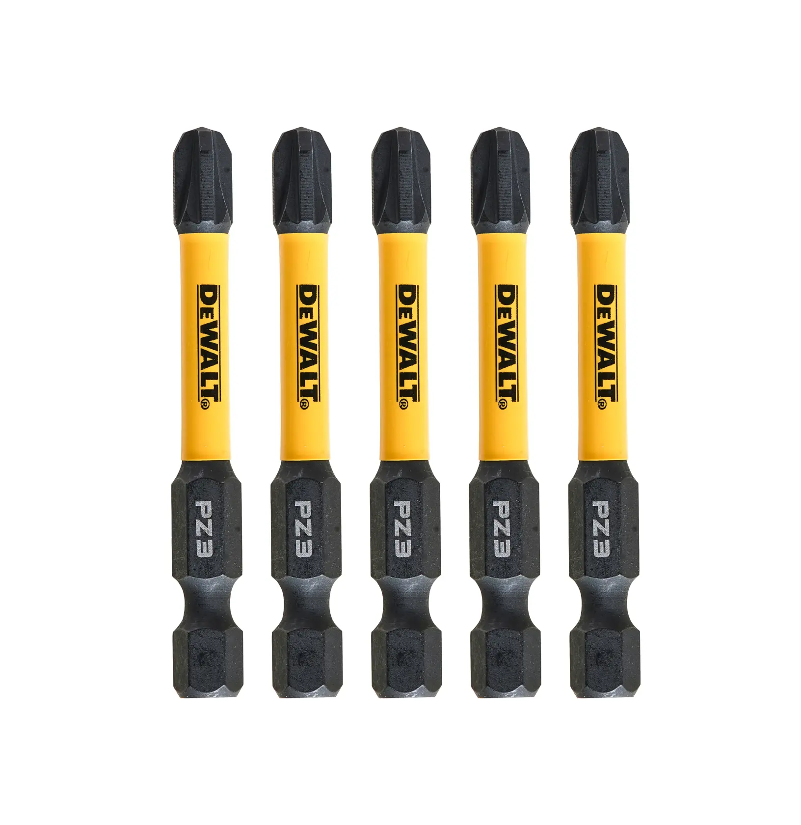Set di cinque inserti DEWALT PZ3 con gambo giallo e punta nera, disposti verticalmente su bianco.