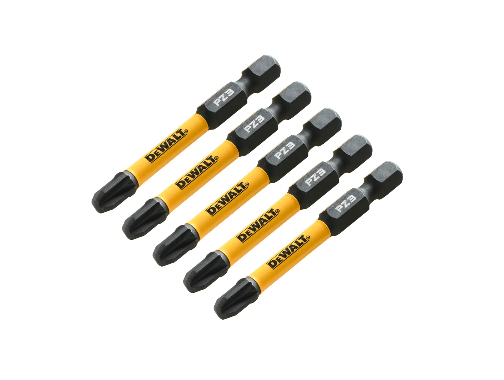 Cinque inserti per avvitatore DEWALT PZ3 gialli disposti su sfondo bianco.