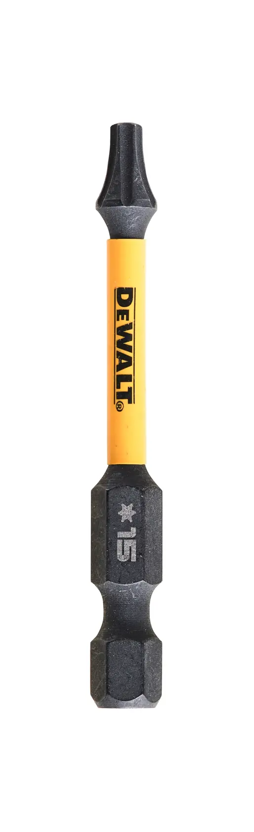 DEWALT DT7394T screwdriver bit with yellow shaft and black ends, marked T15.
