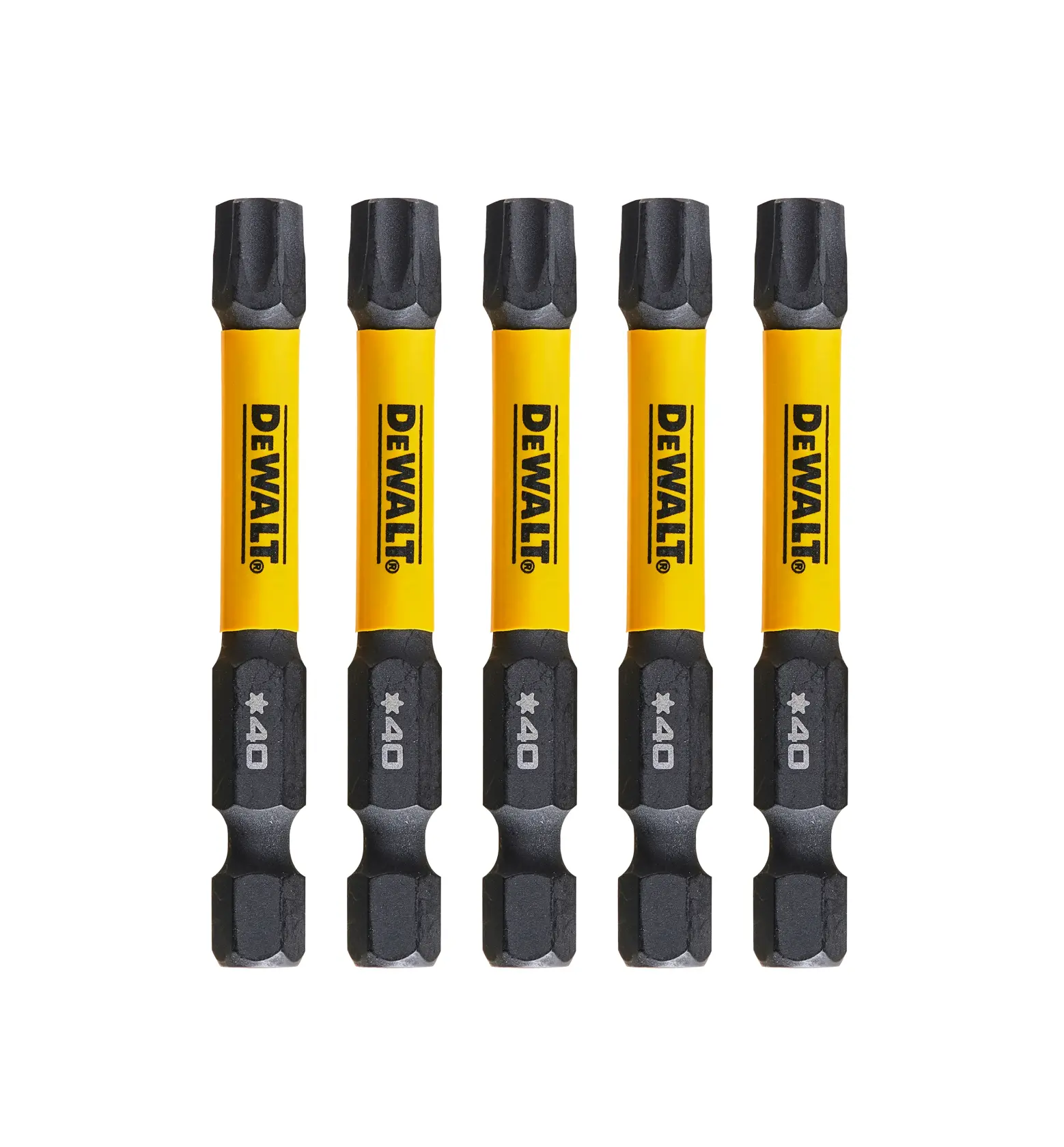 Five DEWALT DT7399T impact screwdriver bits with yellow and black design.