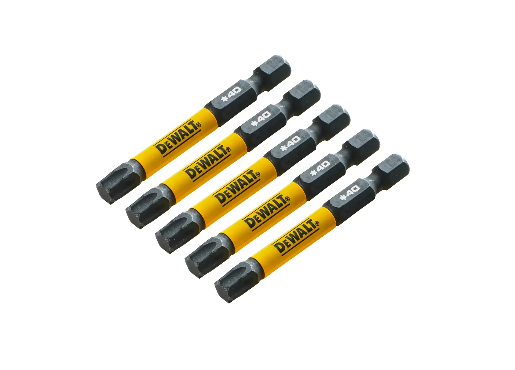 Five DEWALT Torx screwdriver bits with yellow sleeves, arranged in a row on a white background.