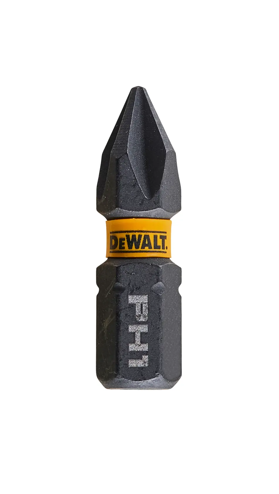 Bit PH1 DEWALT con collarino giallo e finitura nera, mostrato su sfondo bianco.