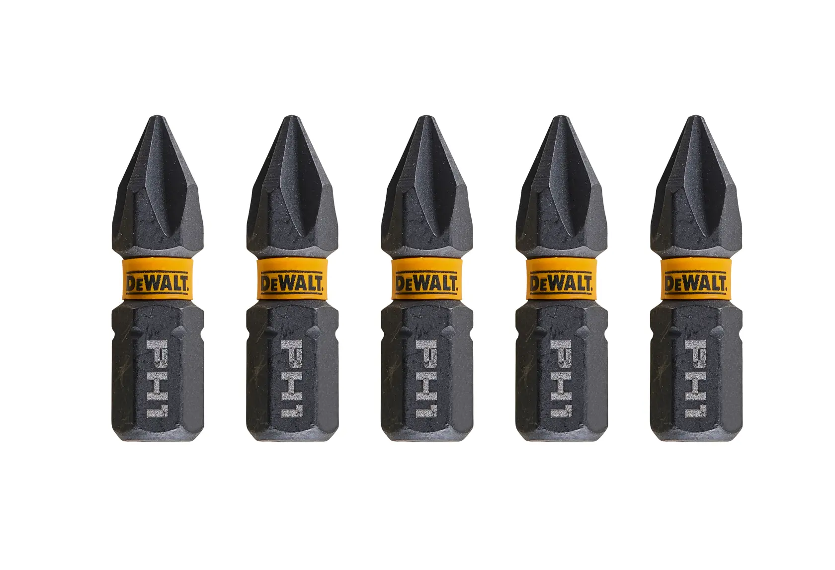 Cinque inserti per cacciavite DEWALT PH1 neri e gialli allineati su sfondo bianco.