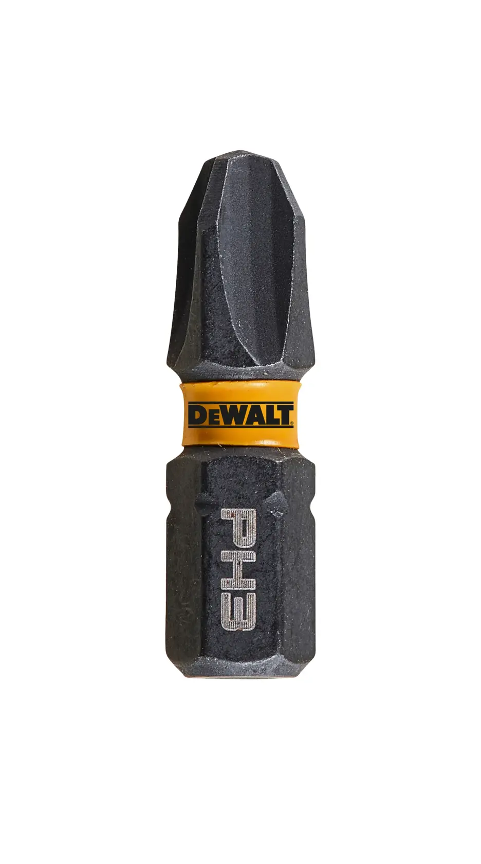 Bit per cacciavite DEWALT PH3 con anello giallo, primo piano su sfondo bianco.