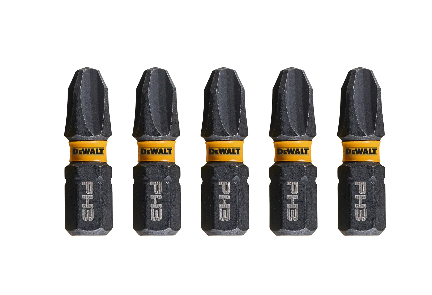 Cinque inserti DEWALT PH3 per cacciavite su sfondo bianco.