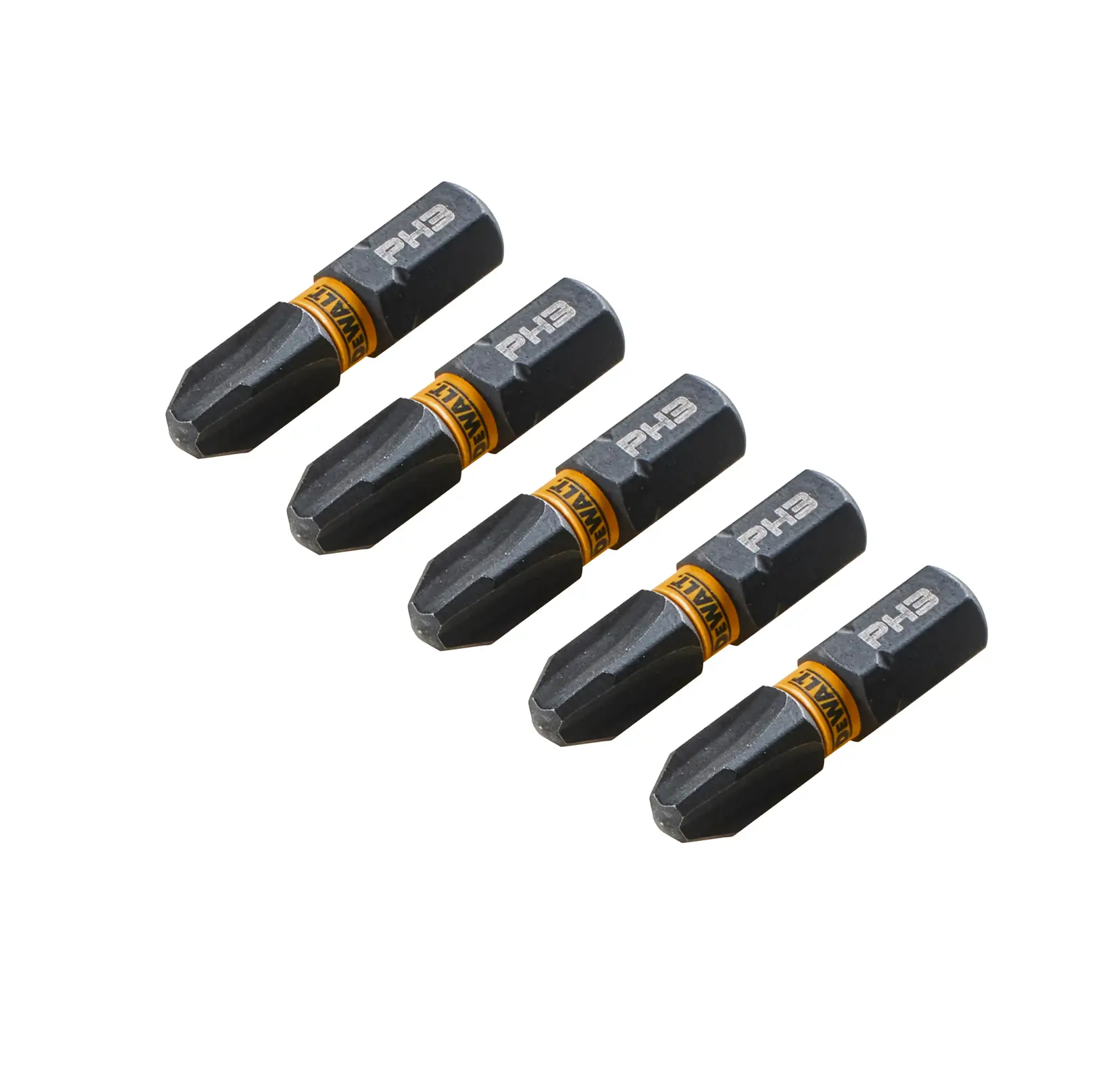 Cinque inserti DEWALT PH3 con marchio giallo, disposti diagonalmente su sfondo bianco.