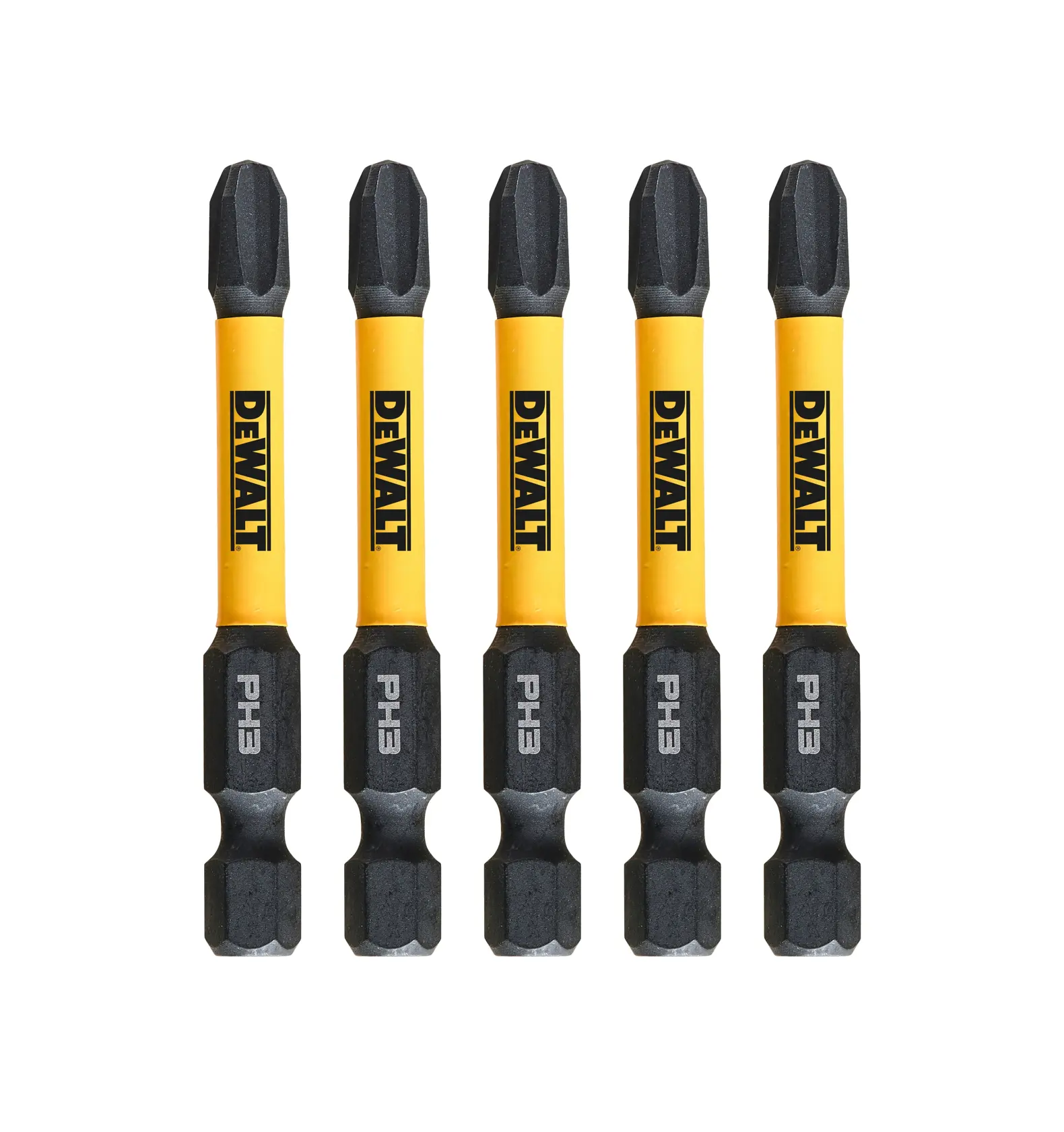 Cinco puntas de destornillador DEWALT PH3 con cuerpo amarillo, alineadas verticalmente para herramientas eléctricas.