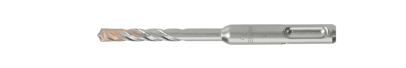 Photo of DEWALT DT9500 silver concrete drill bit, spiral design, side angle, white background.
