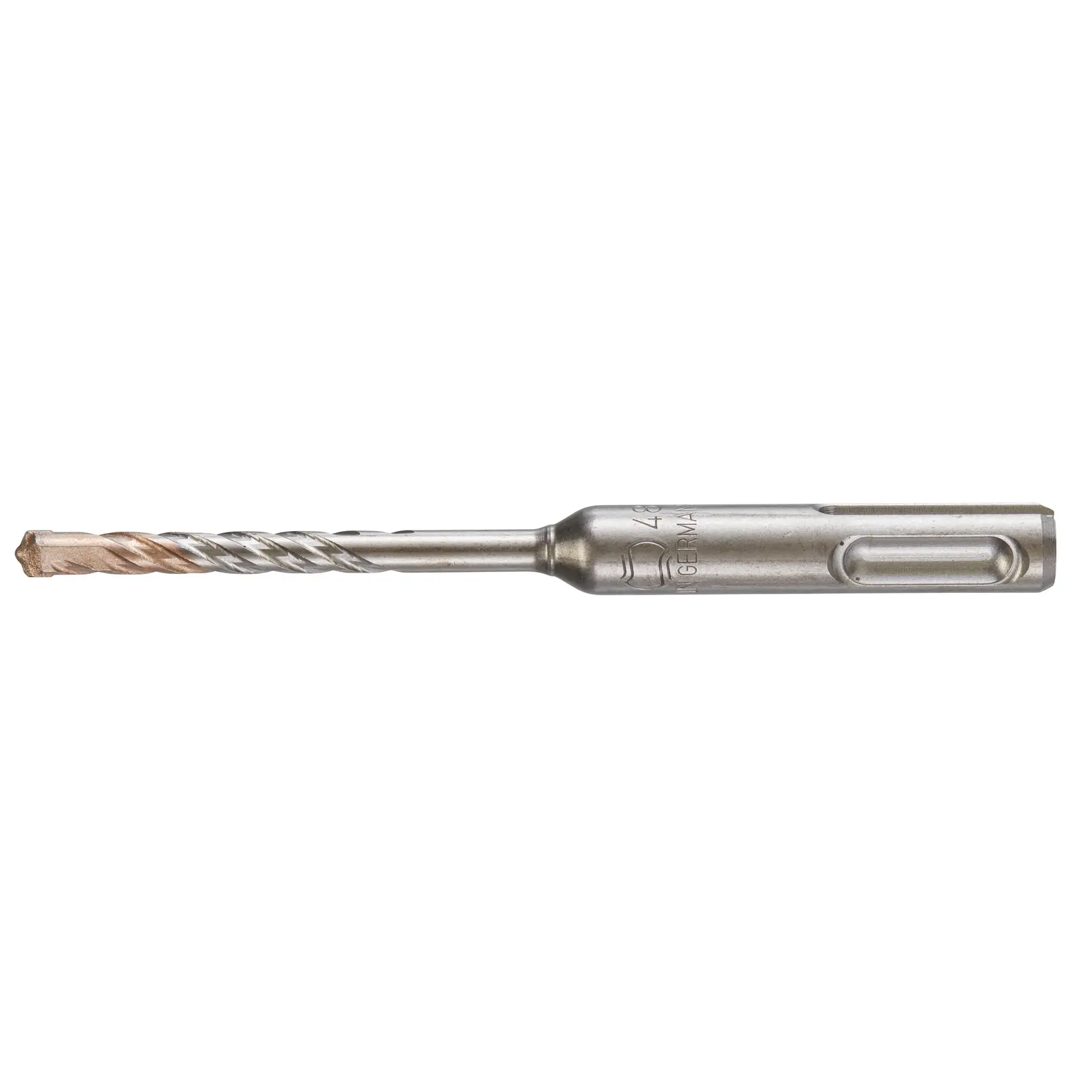 Photo of DEWALT DT9504 metallic rotary hammer drill bit, side view, silver finish, spiral fluted shaft.