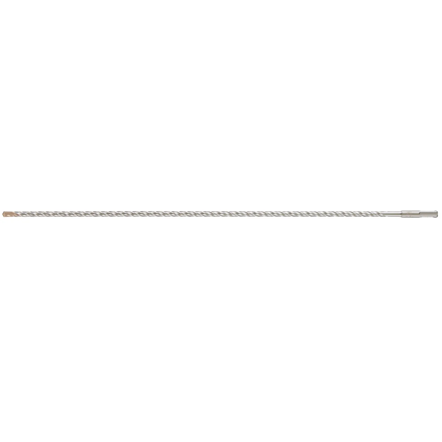 DEWALT DT9535 long silver masonry drill bit, straight angle, spiral design, white background, photography product.