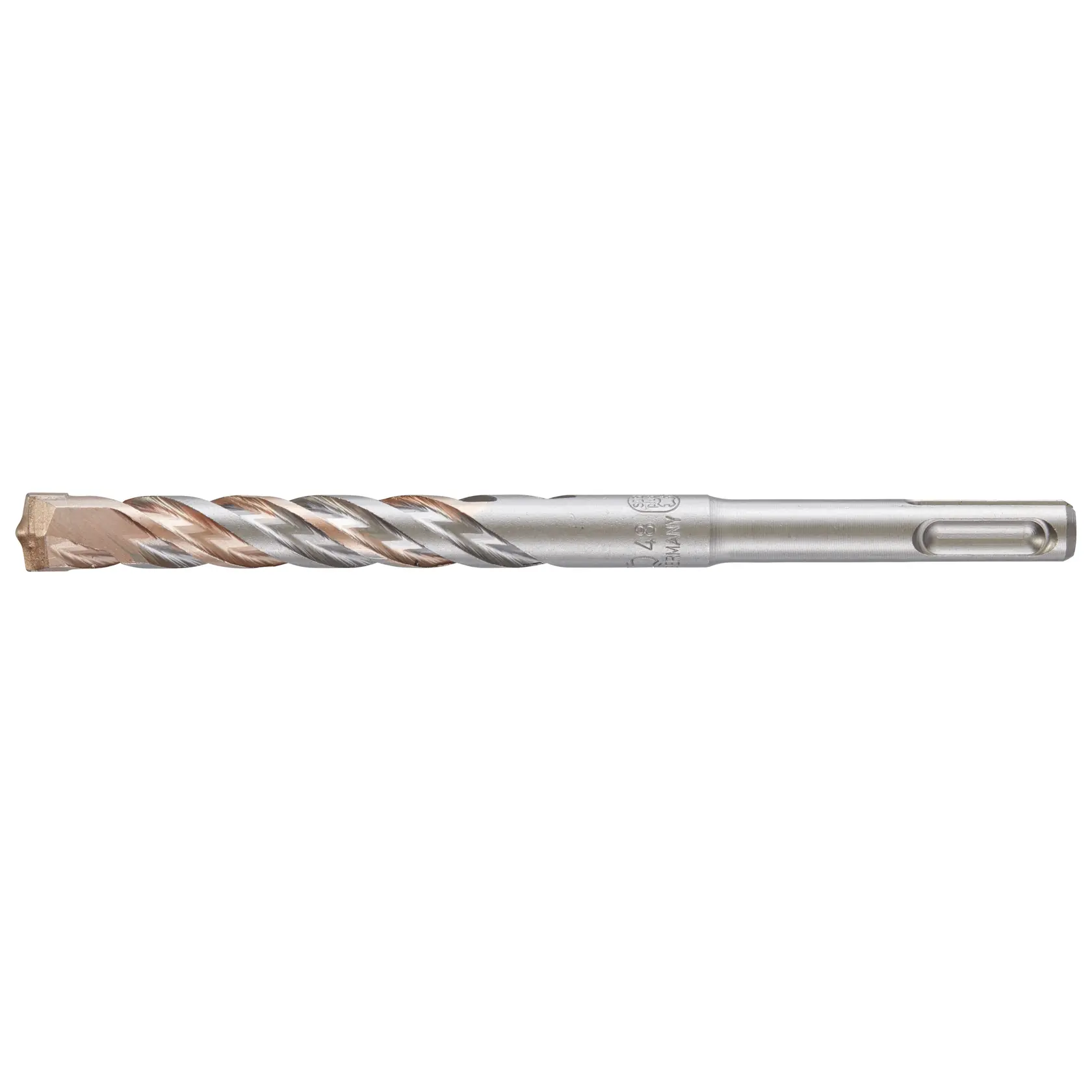 Photo of DEWALT SDS-plus masonry drill bit DT9552, silver and bronze, side angle on white background.