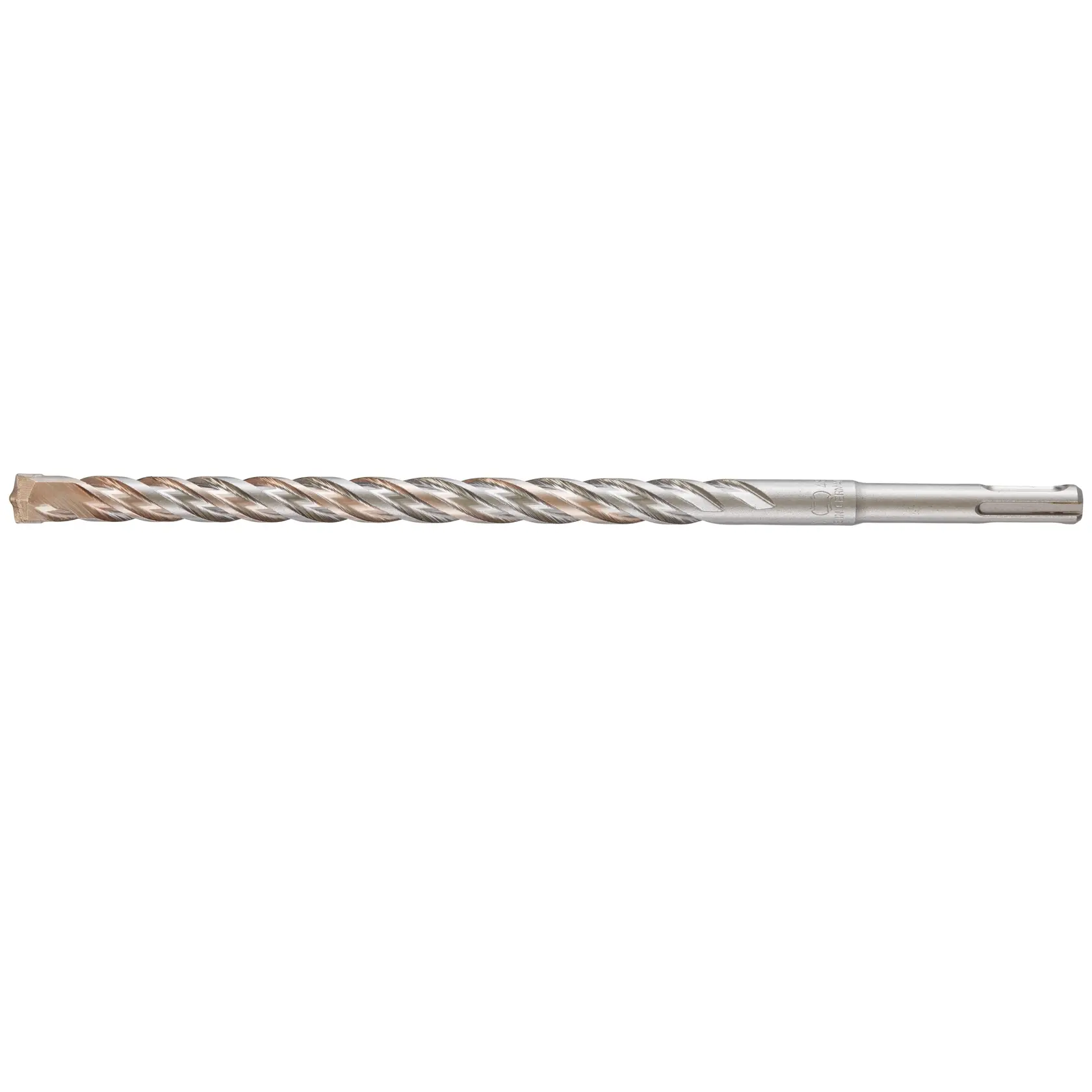 Photo of DEWALT DT9554 silver rotary hammer drill bit, side angle, spiral flutes, masonry tool.