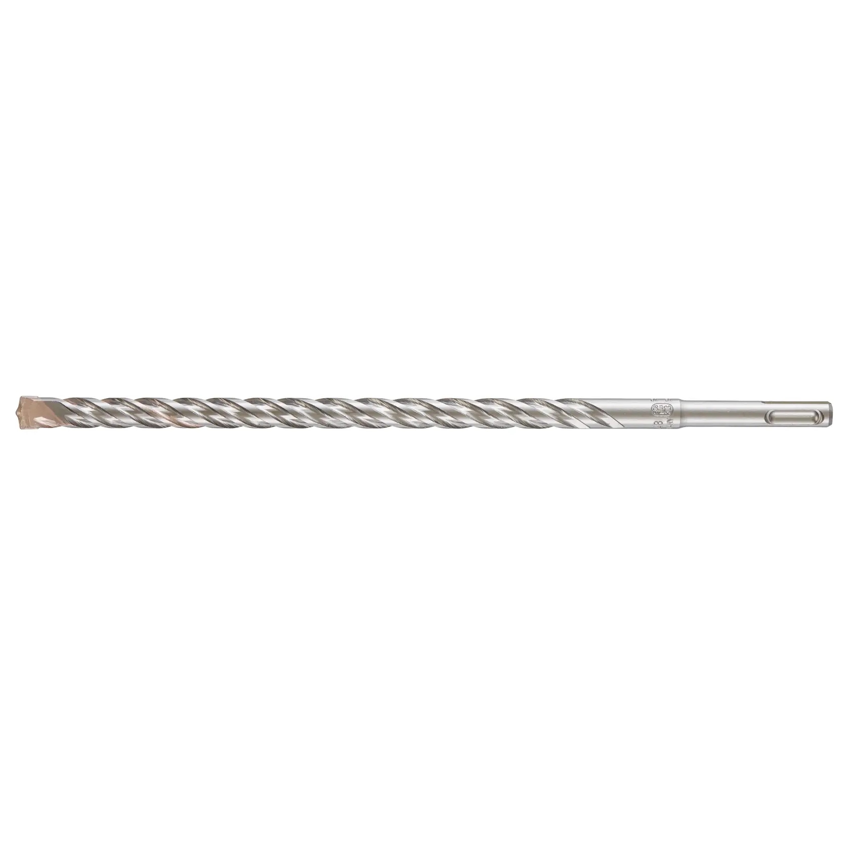 Photo of DEWALT DT9555 silver rotary hammer drill bit with spiral flute, side angle, on white background.