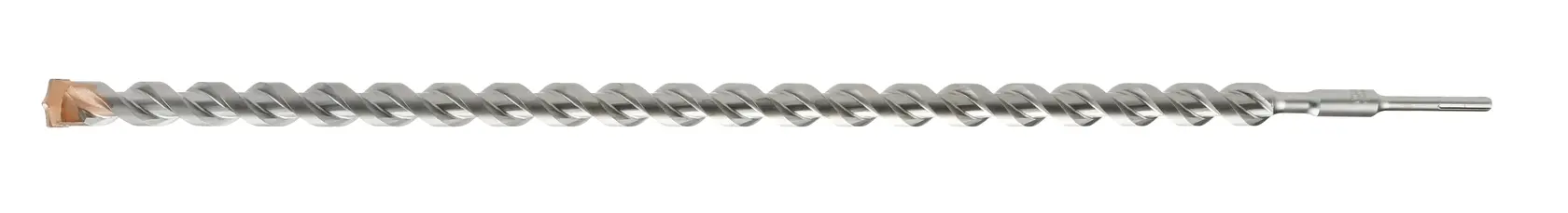 Photo of DEWALT DT9556 long silver rotary hammer drill bit with spiral design, side angle, photography category.