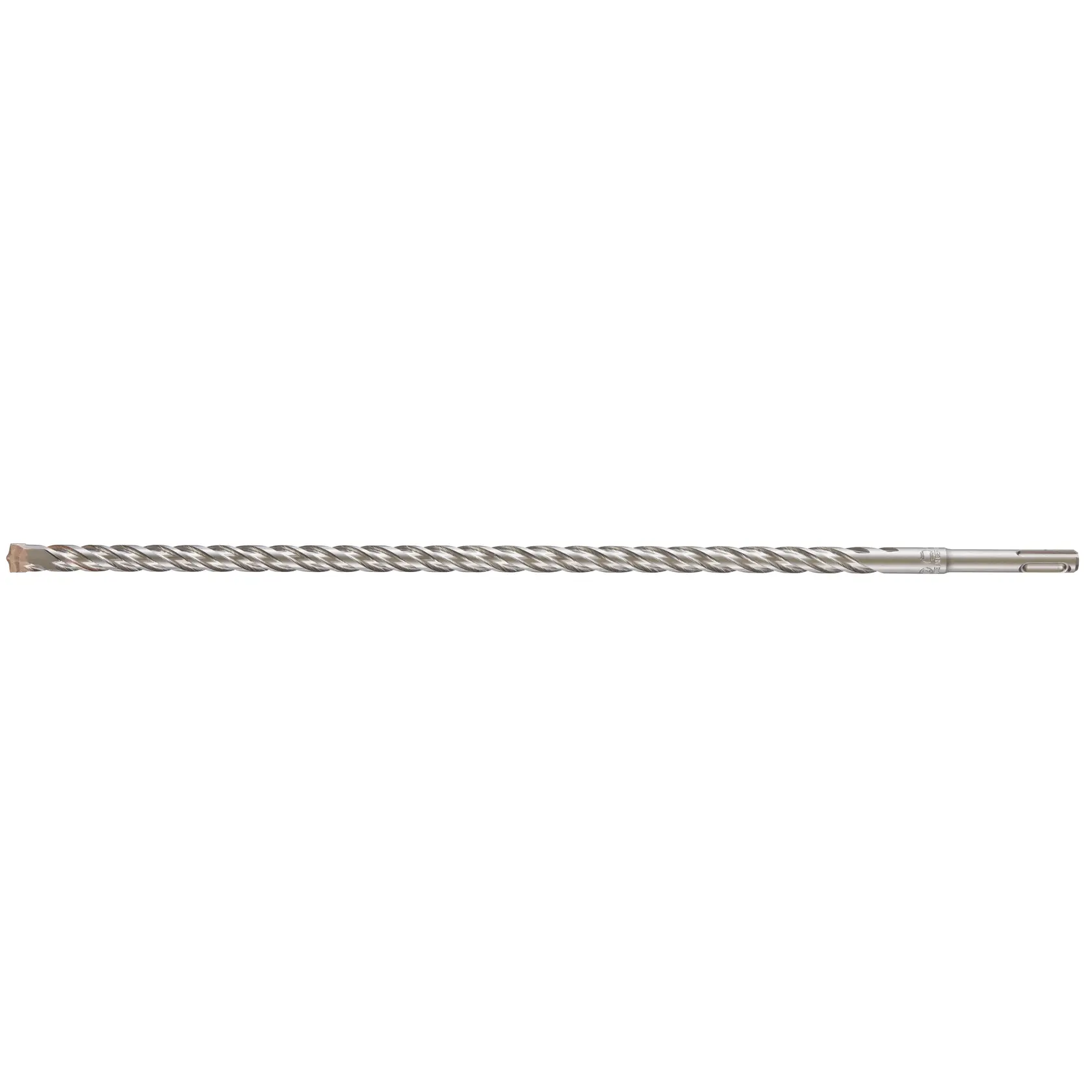 Photo of DEWALT DT9557 masonry drill bit, silver, spiral design, white background, product side view.