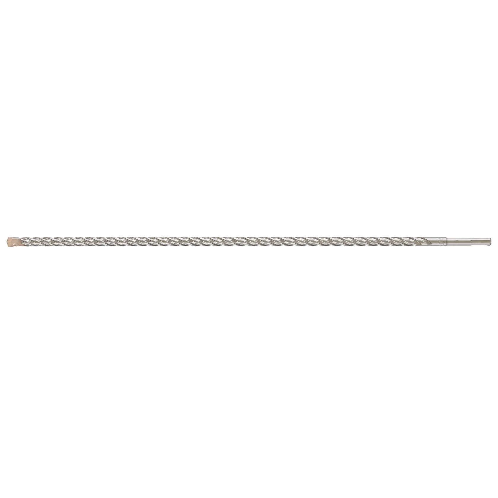 Photo of DEWALT DT9558 long SDS-Plus masonry drill bit, silver spiral design, side view, product photography.