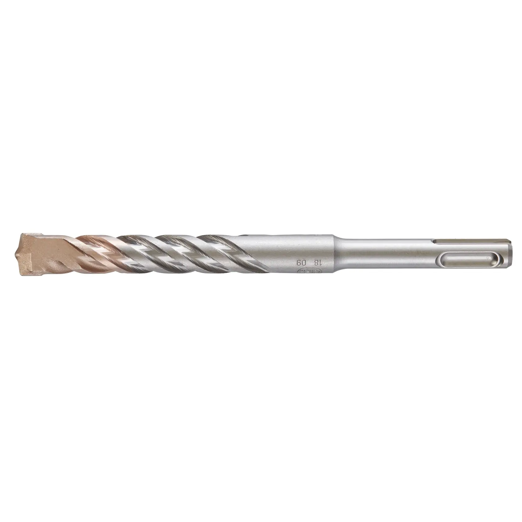 Photo of DEWALT DT9566 silver and bronze rotary hammer drill bit, spiral flute, side view, product photography.