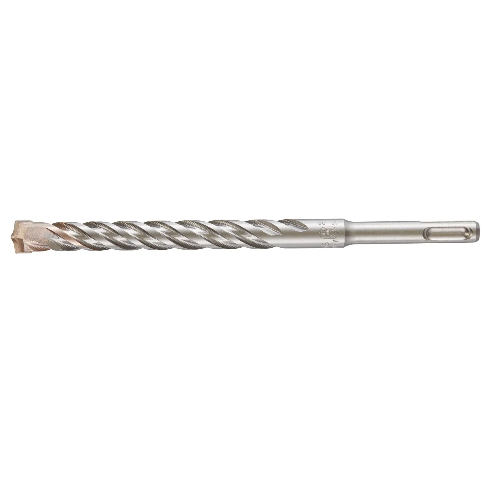 Photo of DEWALT DT9567 silver SDS-Plus masonry drill bit, side angle, spiral flute design.