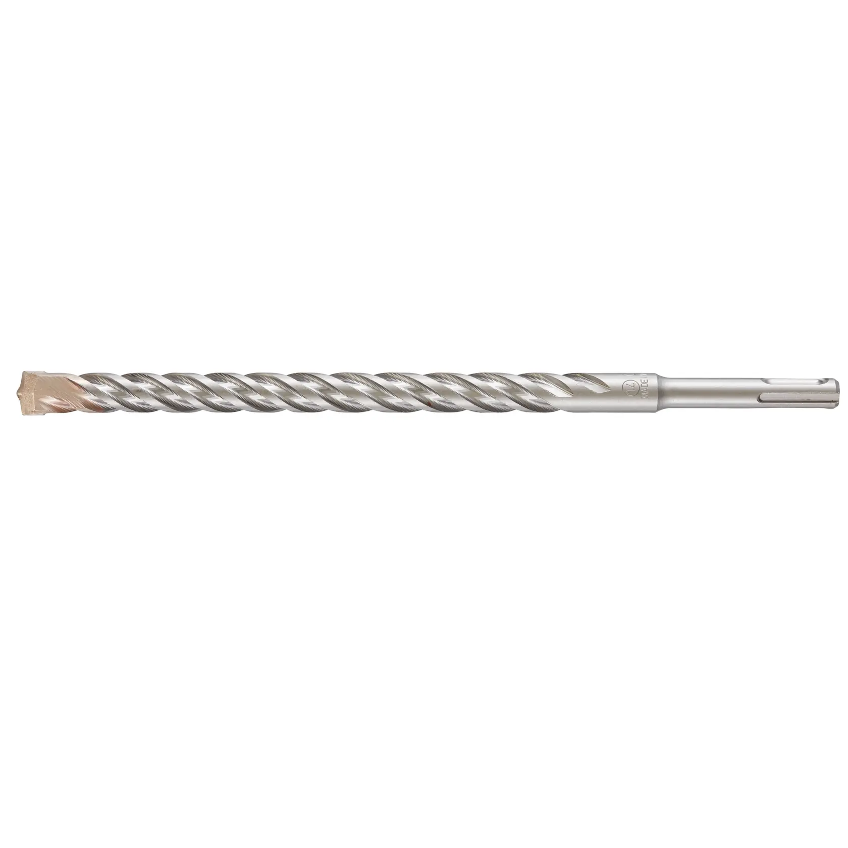 Photo of DEWALT DT9568 silver rotary hammer drill bit, spiral flute, white background.