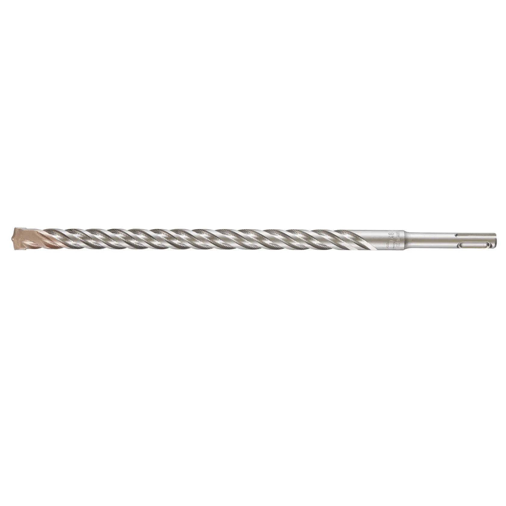Photo of DEWALT DT9569 silver rotary hammer drill bit with spiral design, side angle, tool accessory.