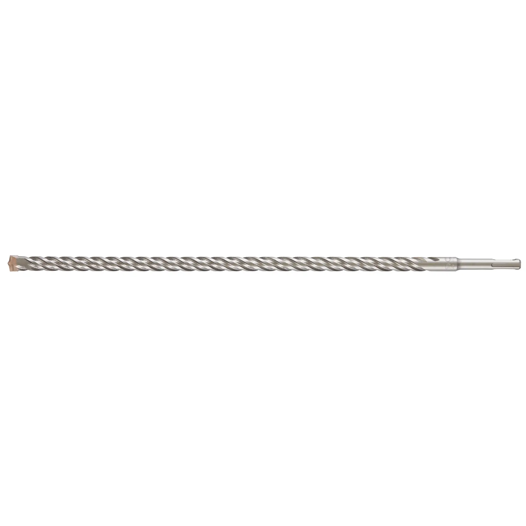 Photo of DEWALT DT9570 long silver masonry drill bit with spiral flutes, side angle, SKU DT9570.