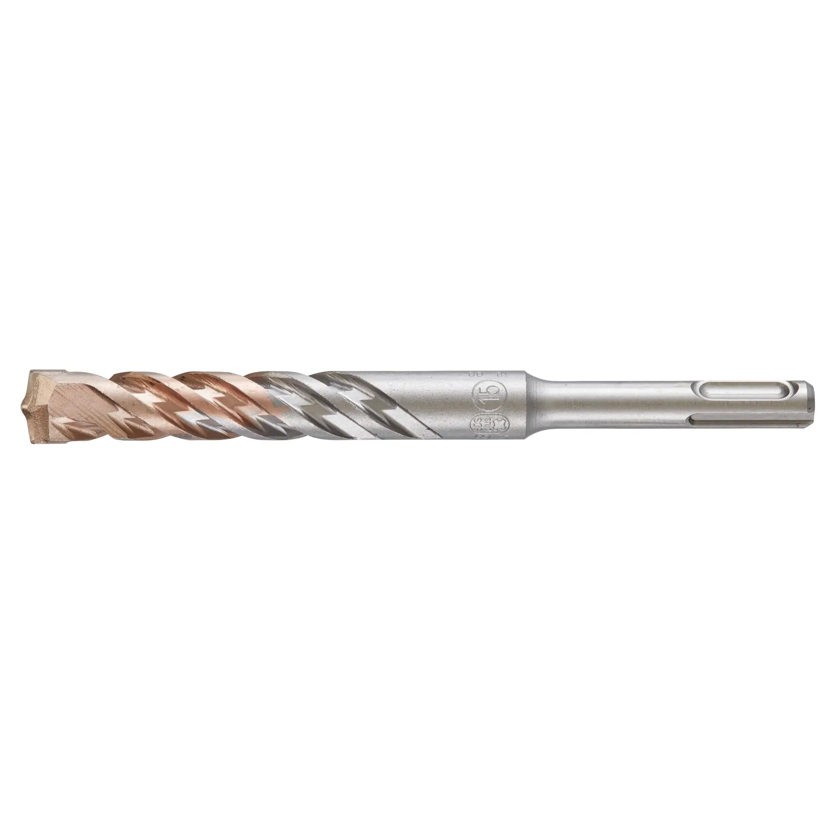 Photo of DEWALT DT9573 silver and bronze masonry drill bit, side angle, on white background.