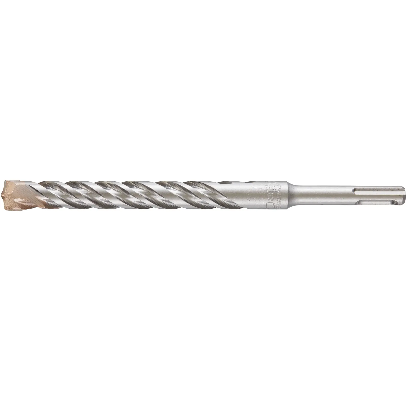 Photo of DEWALT DT9574 silver masonry drill bit, with spiral flute, shown side view on white background.
