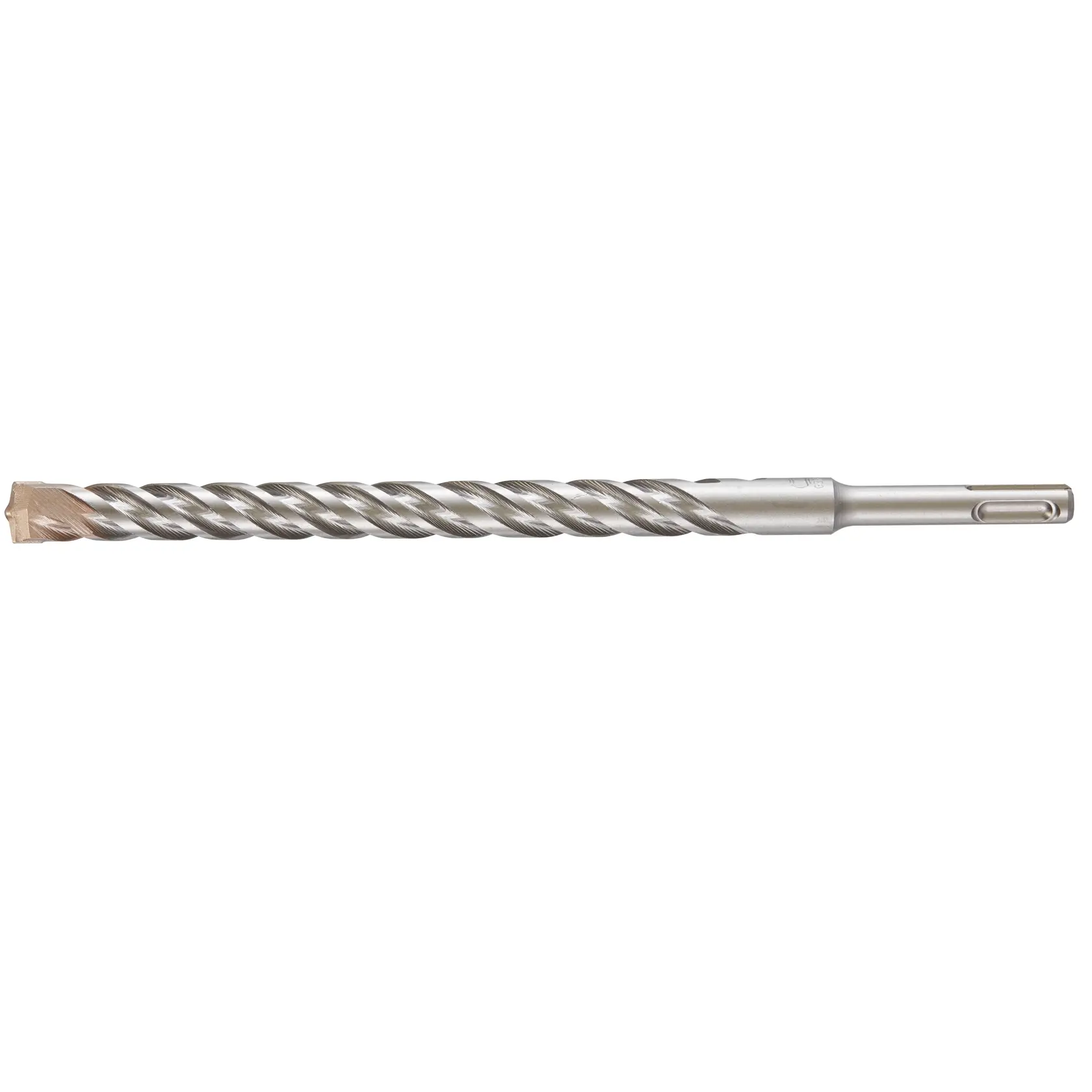 Photo of DEWALT DT9575 SDS-Plus masonry drill bit, silver, spiral flute, side view on white background.