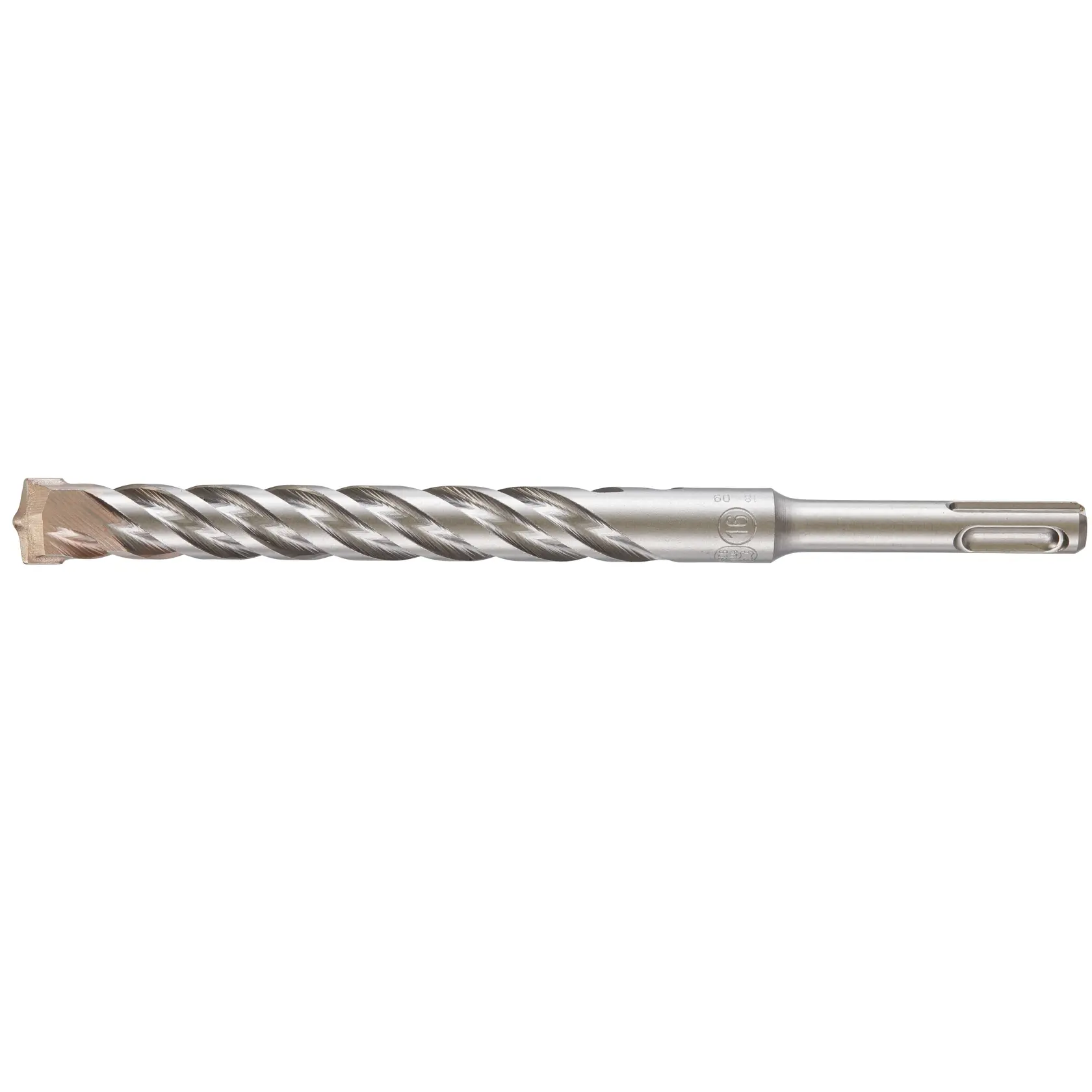 DEWALT DT9579 silver rotary hammer drill bit, spiral fluted, side view on white background.