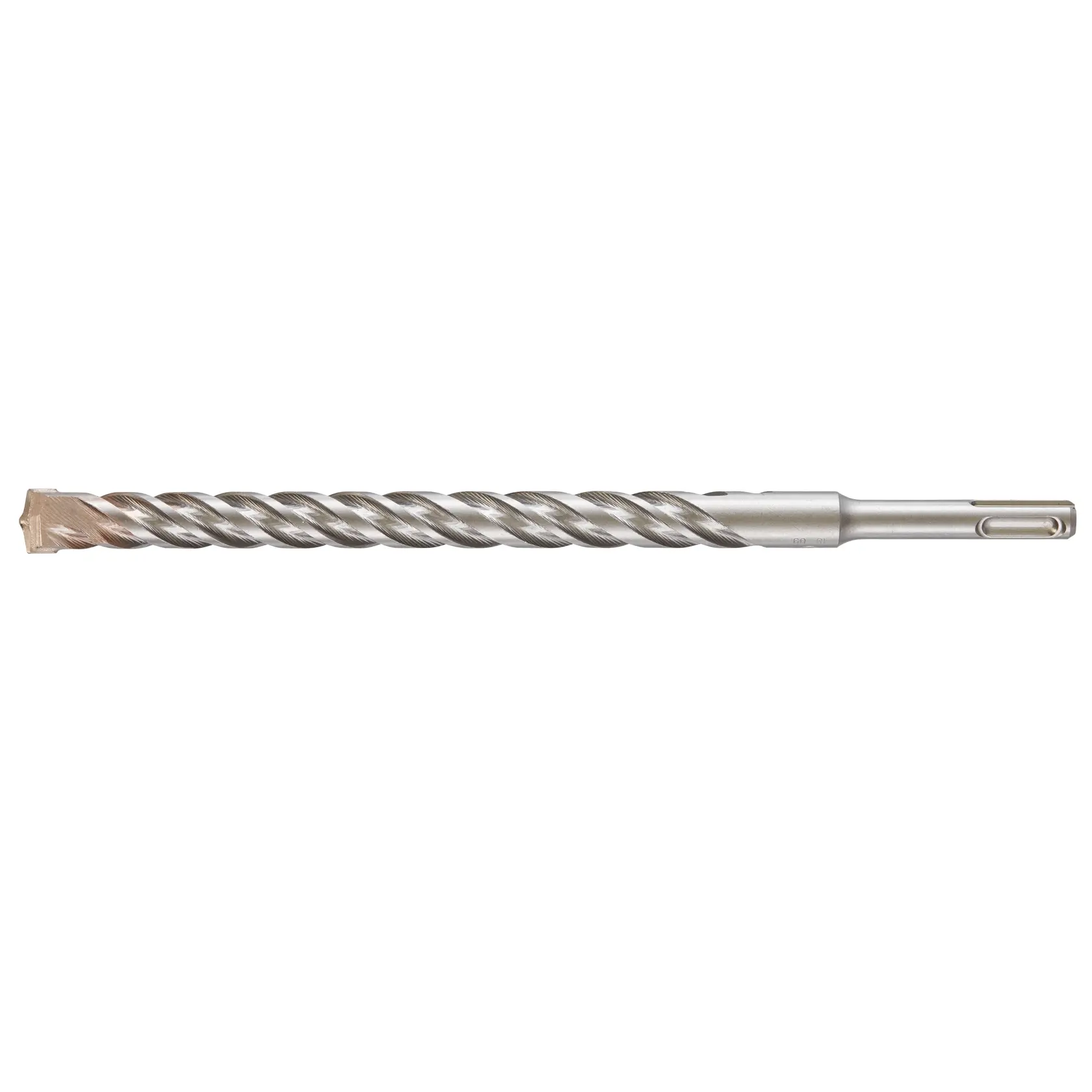 Photo of DEWALT SDS+ drill bit, silver, spiral design, SKUs DT9580, DT9580-QZ, side angle, photography category.
