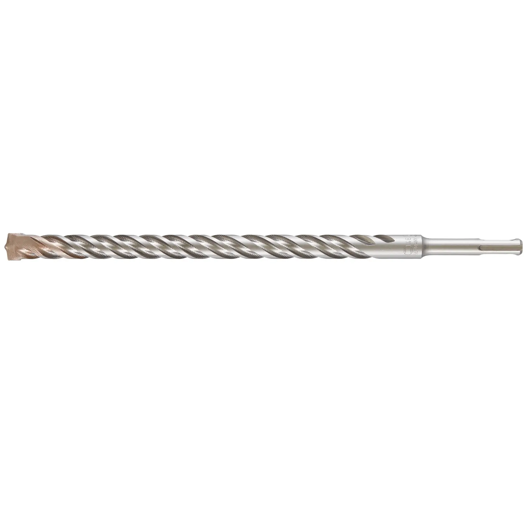 Photo of DEWALT DT9581 drill bit, silver, spiral design, side angle, tool accessory on white background.