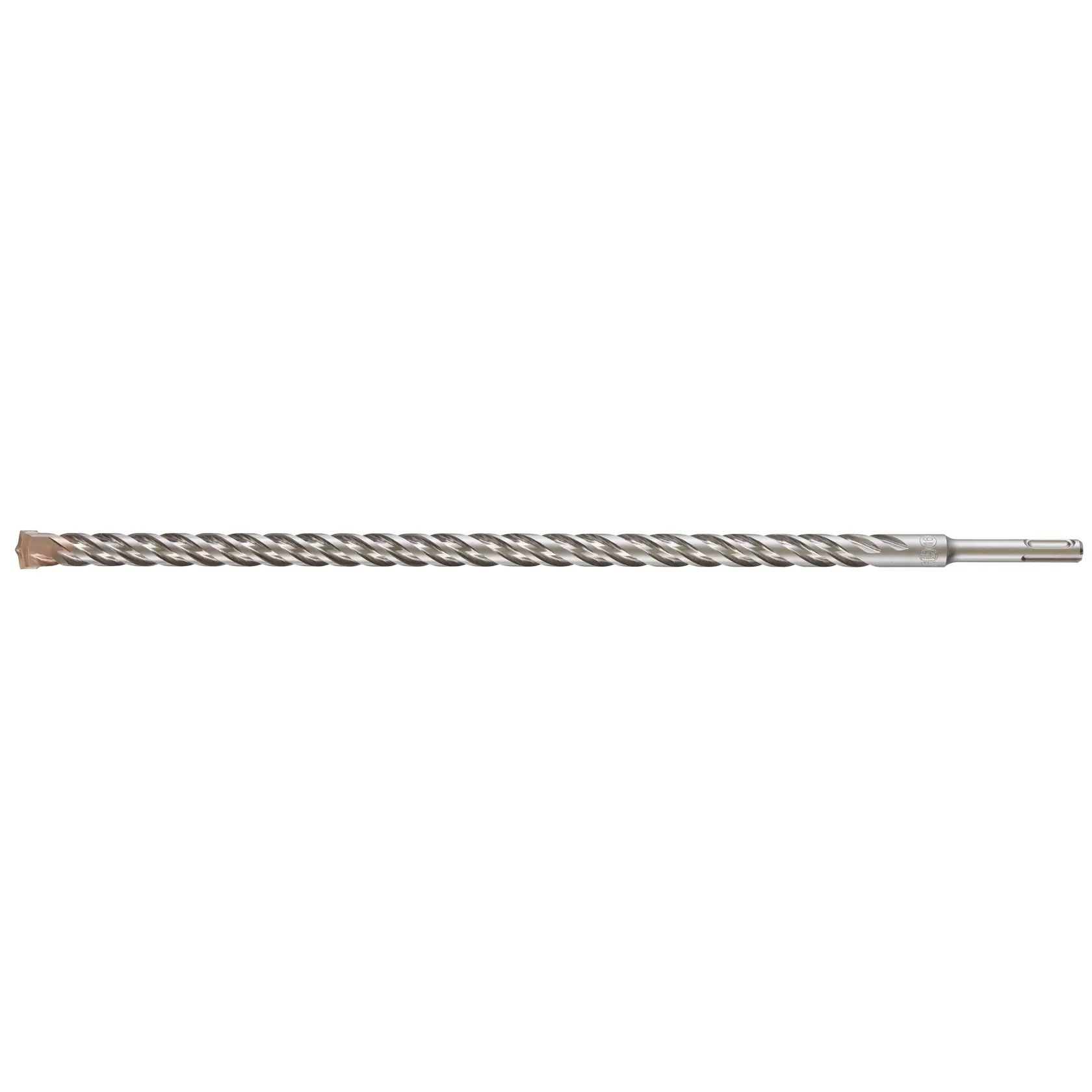 Photo of DEWALT DT9582 masonry drill bit, silver, spiral design, side view on white background.