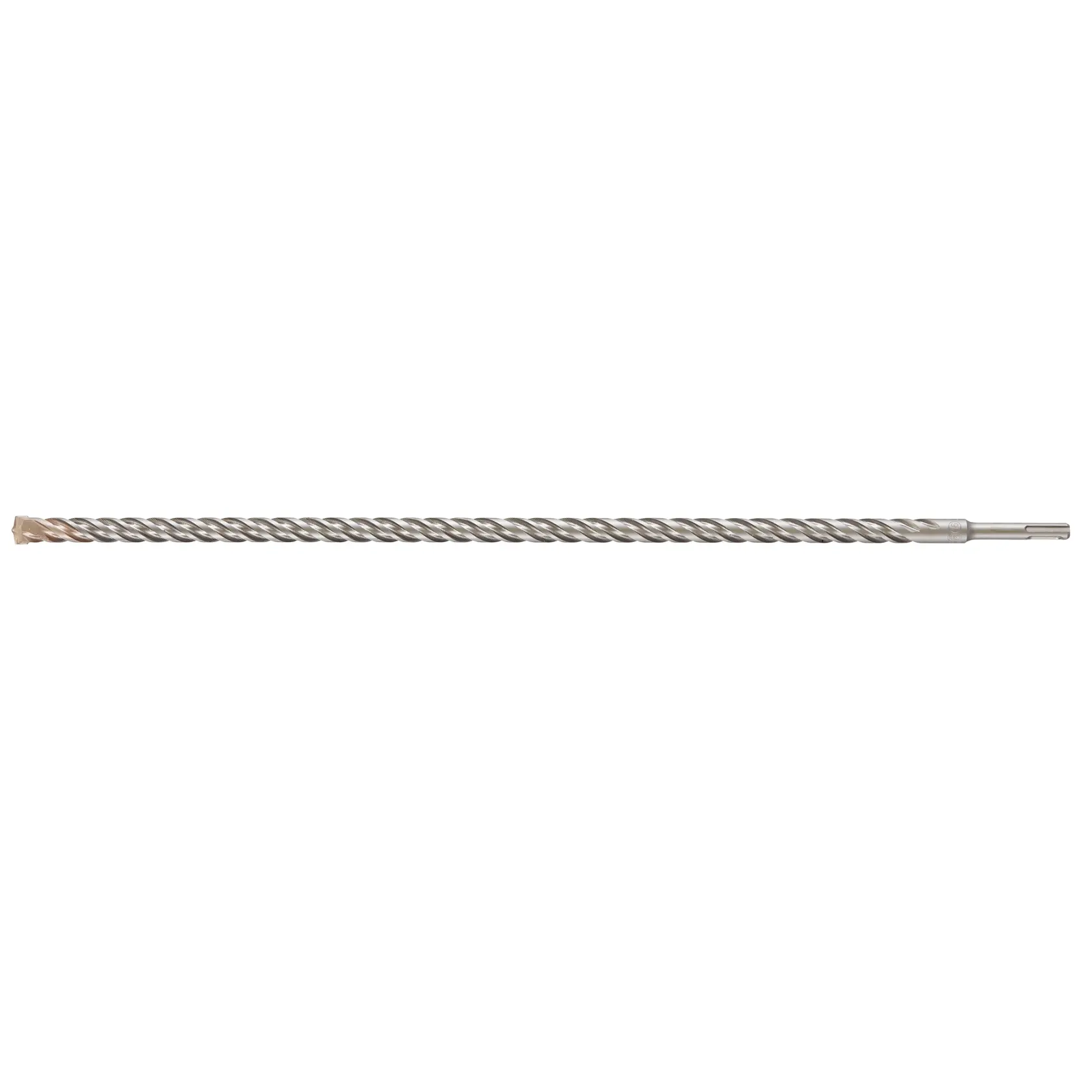 Photo of DEWALT DT9583 long silver rotary hammer drill bit with spiral fluting, photography, white background.
