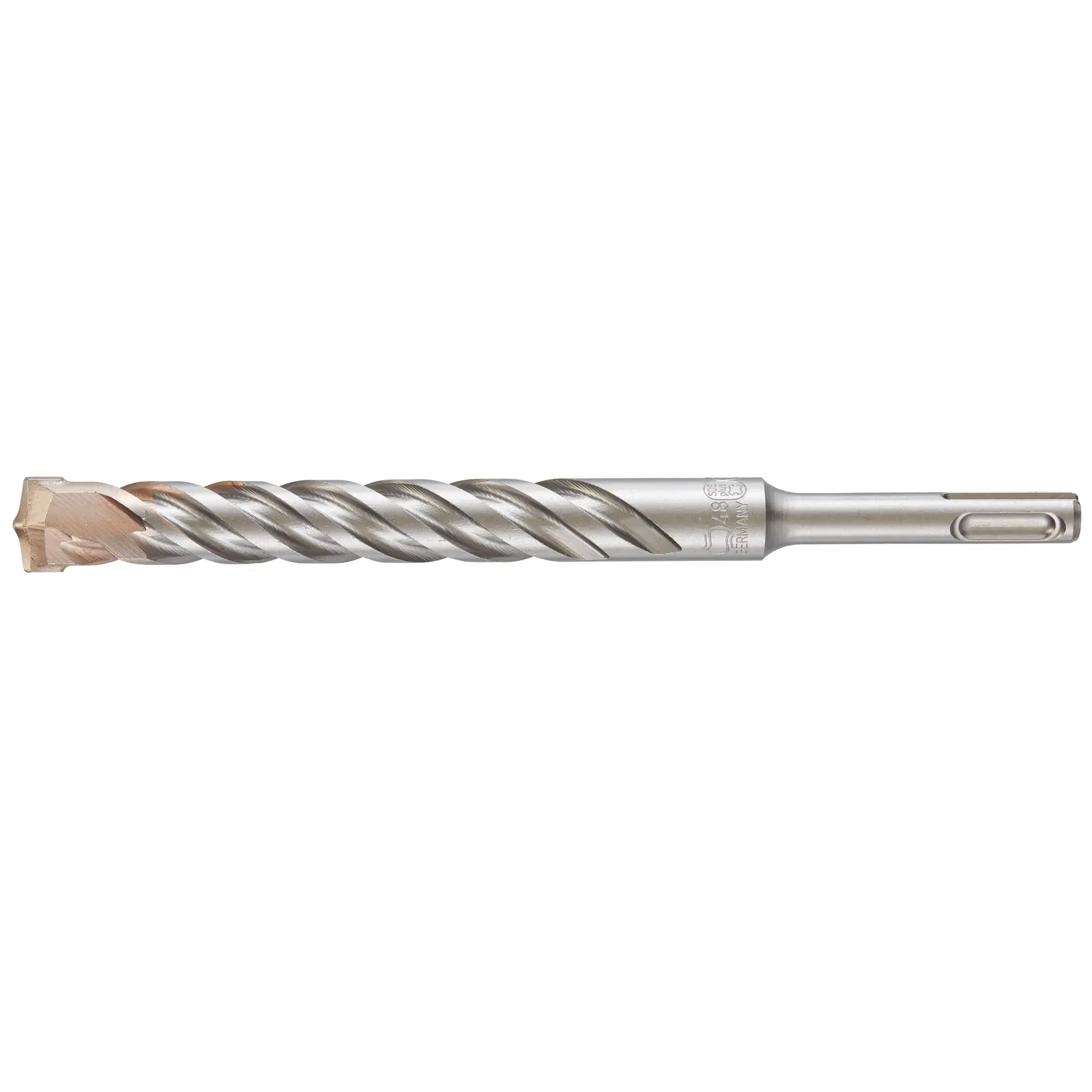 Photo of DEWALT DT9587 SDS-Plus masonry drill bit, silver with spiral flutes, side view on white background.
