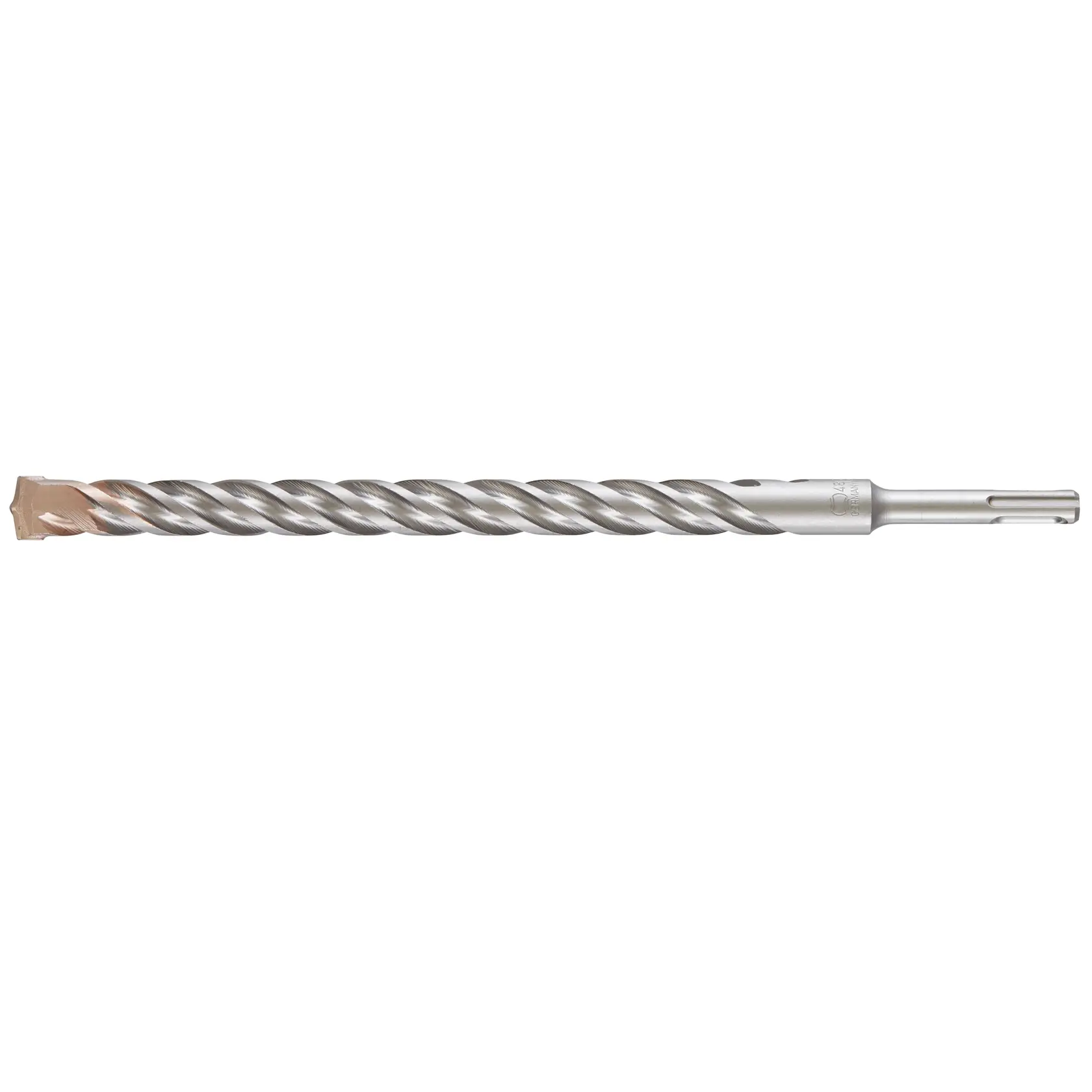 Photo of DEWALT SDS-Plus hammer drill bit, SKU DT9589, silver color, side angle, spiral flute design.