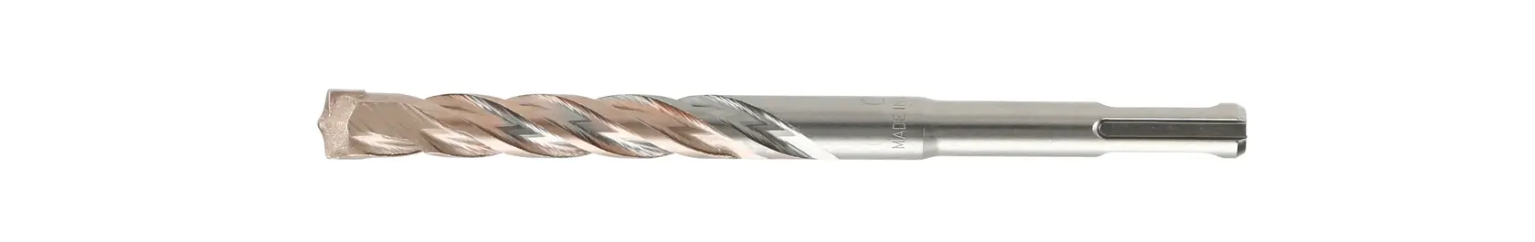 Photo of DEWALT DT9597 masonry drill bit, silver with spiral flutes, side view, on white background.